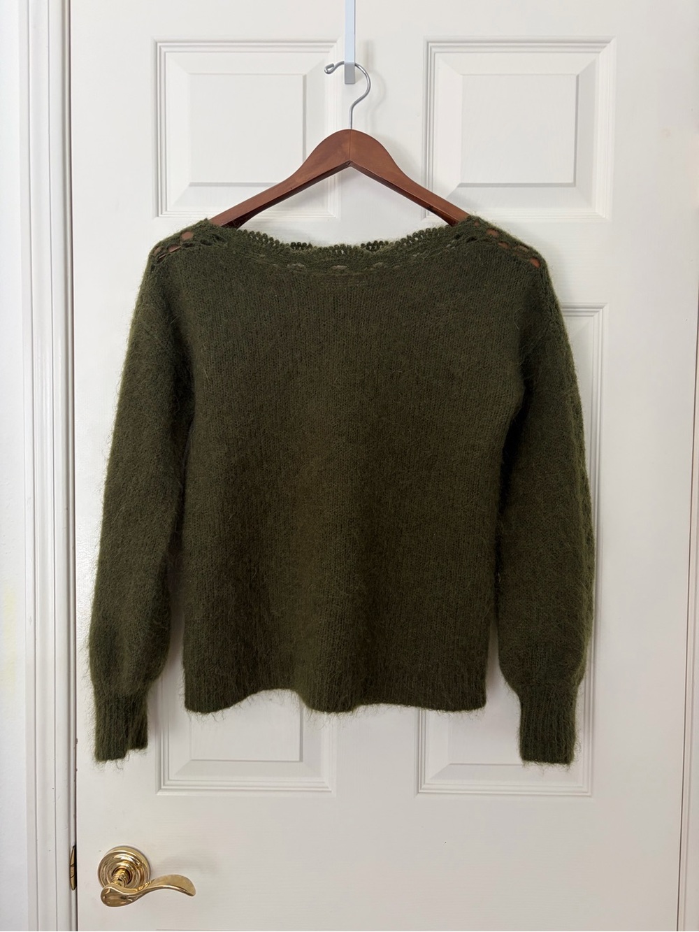 Sézane Stacy Jumper Women's Olive Green Fuzzy boatneck knit Sweater XXS - Picture 4 of 8